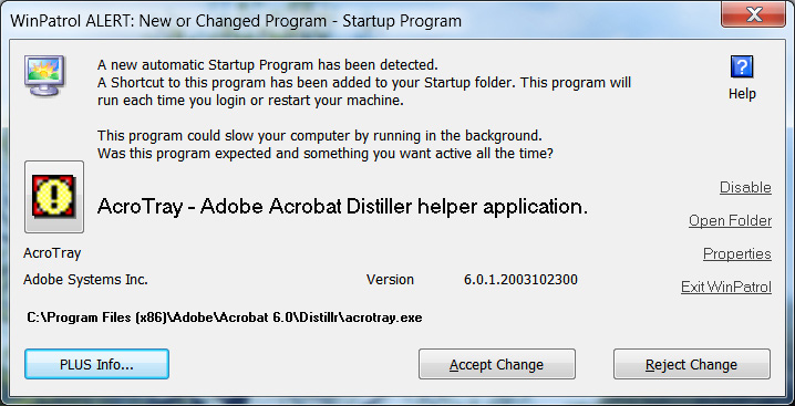 WinPatrol Warning for Adobe Acrobat