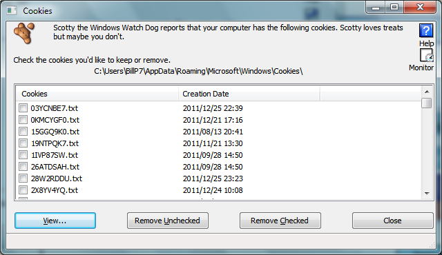 Old Cookie screen for Internet Explorer