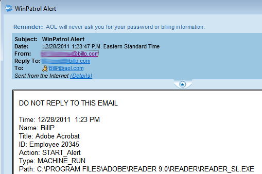Sample Email sent to administrator